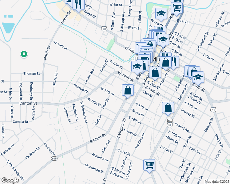 map of restaurants, bars, coffee shops, grocery stores, and more near 210 West 17th Street in Hopkinsville