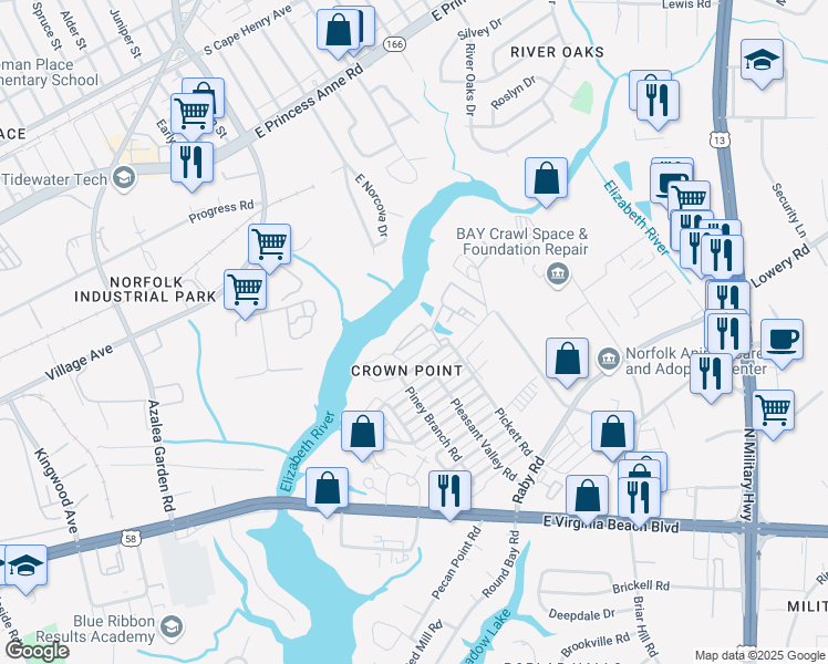 map of restaurants, bars, coffee shops, grocery stores, and more near 5394 Greenplain Rd in Norfolk