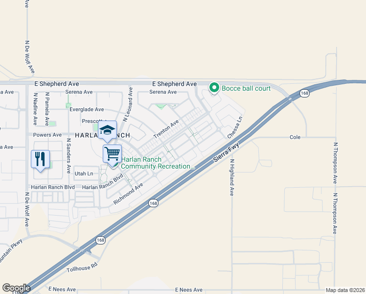 map of restaurants, bars, coffee shops, grocery stores, and more near 4073 Heritage Lane in Clovis