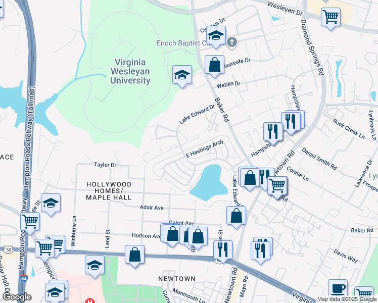 map of restaurants, bars, coffee shops, grocery stores, and more near 5850 East Hastings Arch in Virginia Beach