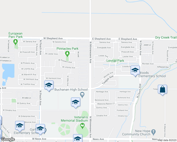 map of restaurants, bars, coffee shops, grocery stores, and more near 1725 North Serento Lane in Clovis