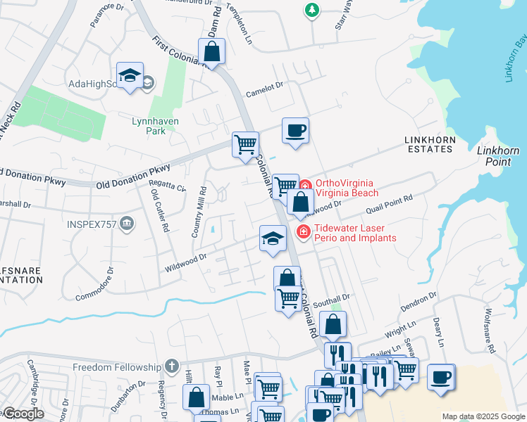 map of restaurants, bars, coffee shops, grocery stores, and more near 1812 Colonial Arms Circle in Virginia Beach