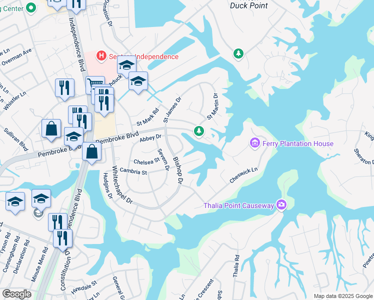 map of restaurants, bars, coffee shops, grocery stores, and more near 716 Abbey Arch in Virginia Beach