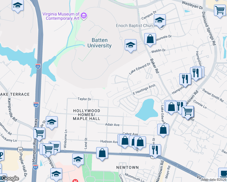 map of restaurants, bars, coffee shops, grocery stores, and more near 5969 Blackpoole Lane in Virginia Beach