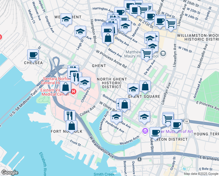 map of restaurants, bars, coffee shops, grocery stores, and more near in Norfolk