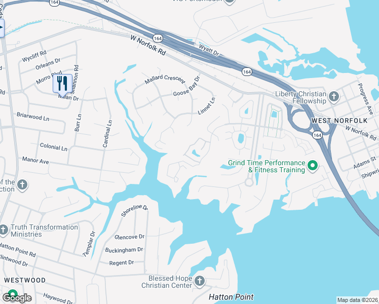 map of restaurants, bars, coffee shops, grocery stores, and more near 37 Creekside Drive in Portsmouth