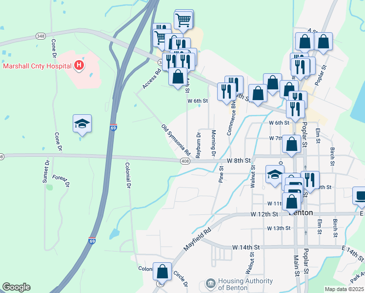 map of restaurants, bars, coffee shops, grocery stores, and more near 119-227 Ash Street in Benton