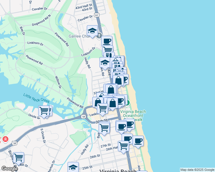 map of restaurants, bars, coffee shops, grocery stores, and more near 34th Street in Virginia Beach