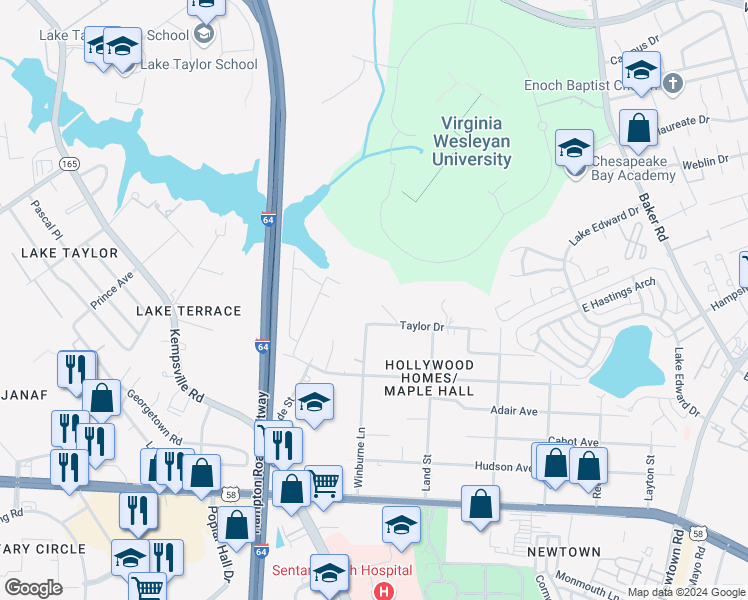 map of restaurants, bars, coffee shops, grocery stores, and more near 1272 Boush Way in Norfolk