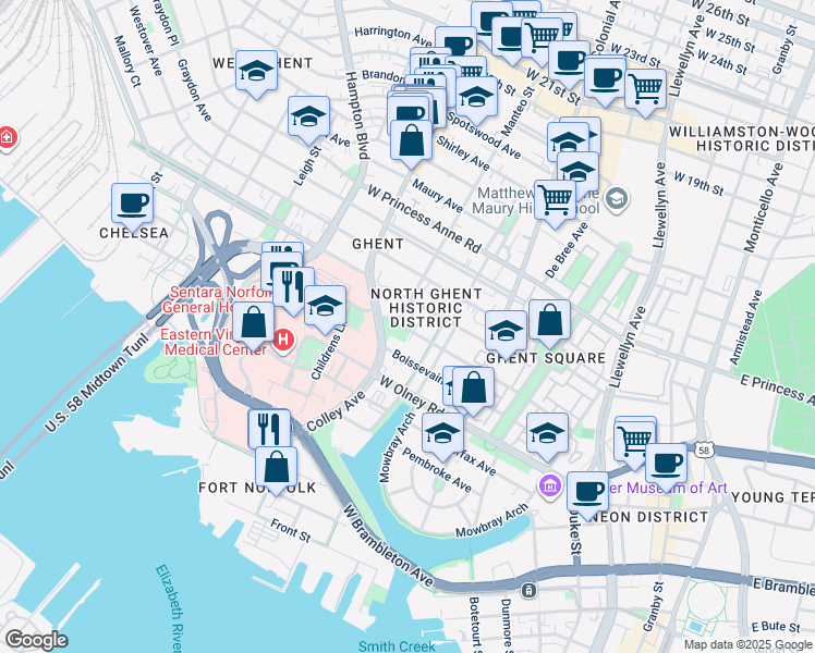 map of restaurants, bars, coffee shops, grocery stores, and more near 624 Raleigh Avenue in Norfolk