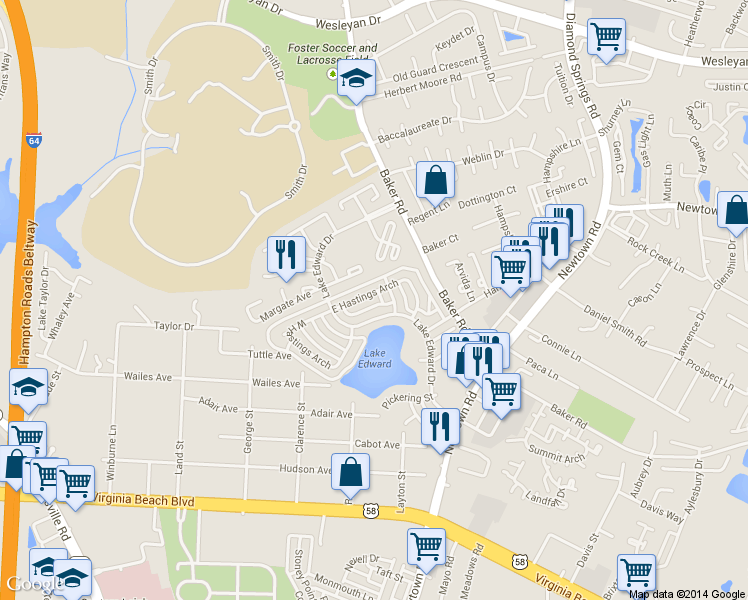 map of restaurants, bars, coffee shops, grocery stores, and more near 5815 East Hastings Arch in Virginia Beach