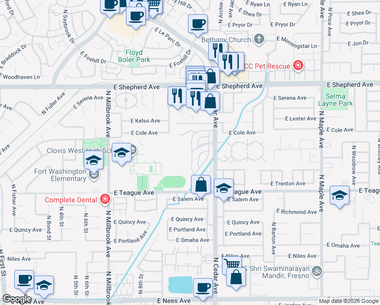 map of restaurants, bars, coffee shops, grocery stores, and more near 8735 North Cedar Avenue in Fresno
