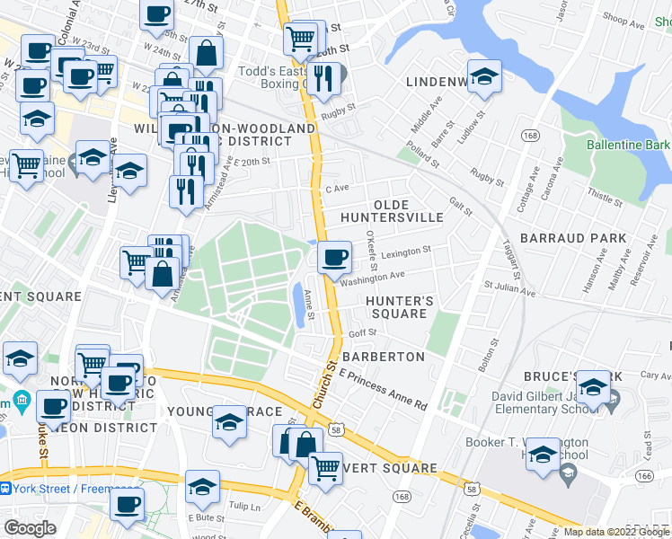 map of restaurants, bars, coffee shops, grocery stores, and more near 1520 Church Street in Norfolk