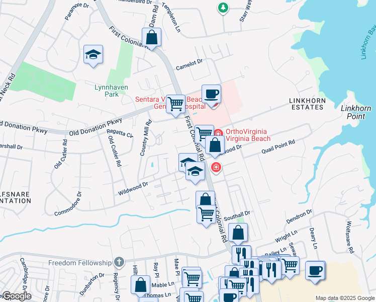 map of restaurants, bars, coffee shops, grocery stores, and more near 1809 Colonial Arms Circle in Virginia Beach