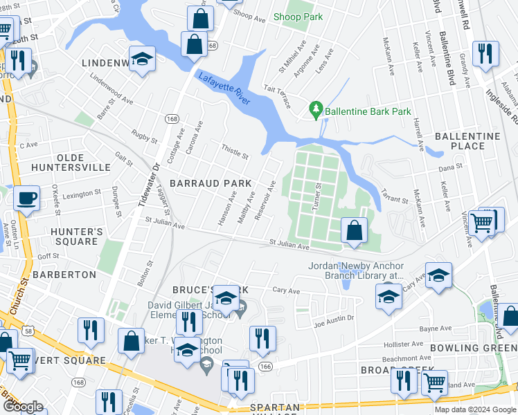 map of restaurants, bars, coffee shops, grocery stores, and more near 2305 Reservoir Avenue in Norfolk