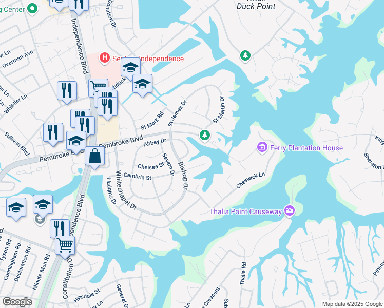 map of restaurants, bars, coffee shops, grocery stores, and more near 716 Abbey Arch in Virginia Beach