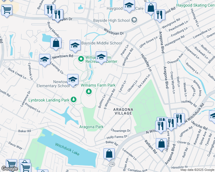 map of restaurants, bars, coffee shops, grocery stores, and more near 717 Bottino Lane in Virginia Beach