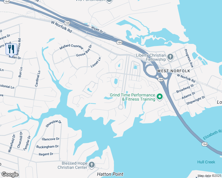 map of restaurants, bars, coffee shops, grocery stores, and more near 3820 Rivanna River Reach in Portsmouth