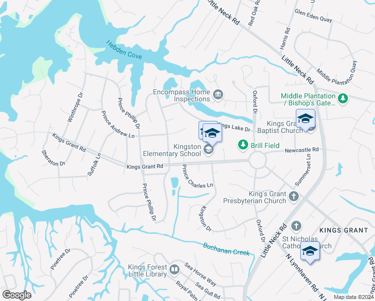map of restaurants, bars, coffee shops, grocery stores, and more near 808 Prince Charles Court in Virginia Beach