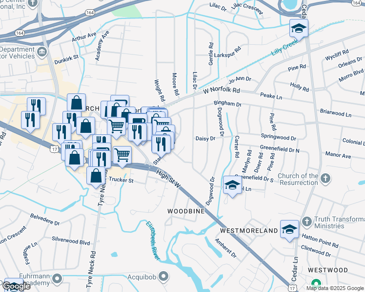 map of restaurants, bars, coffee shops, grocery stores, and more near 5608 Danvers Court in Portsmouth
