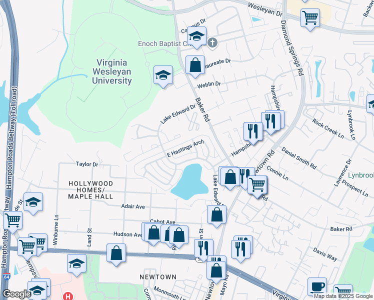 map of restaurants, bars, coffee shops, grocery stores, and more near 5815 East Hastings Arch in Virginia Beach