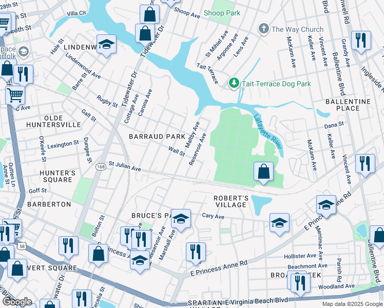 map of restaurants, bars, coffee shops, grocery stores, and more near 2305 Reservoir Avenue in Norfolk