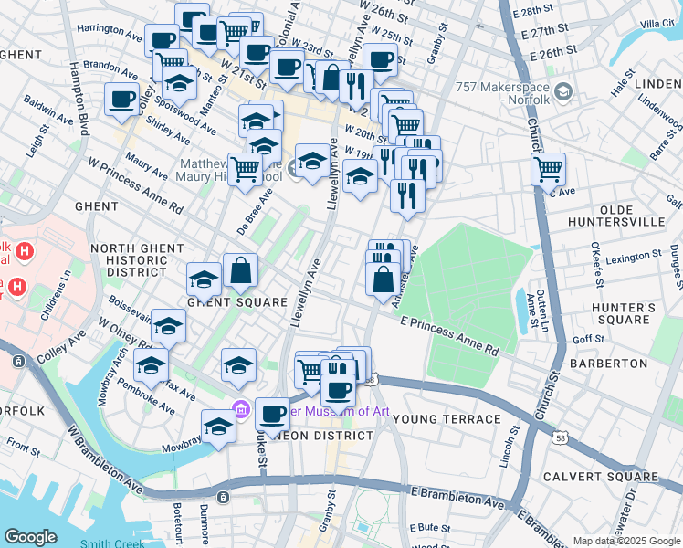 map of restaurants, bars, coffee shops, grocery stores, and more near 1334 Ghent Commons Drive in Norfolk