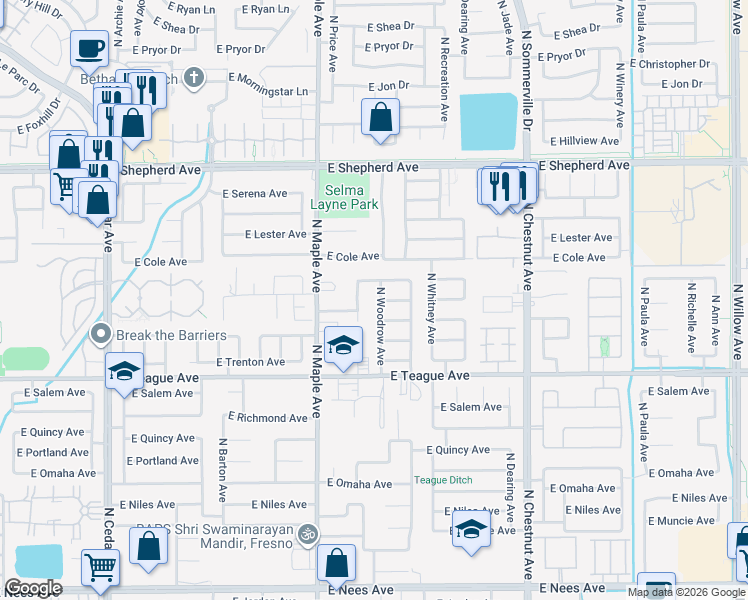 map of restaurants, bars, coffee shops, grocery stores, and more near 2125 East Warwick Avenue in Fresno