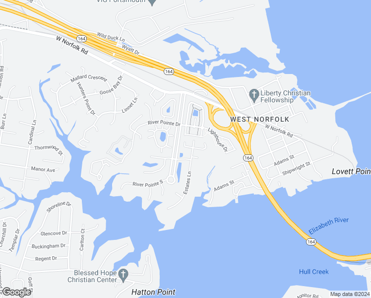 map of restaurants, bars, coffee shops, grocery stores, and more near 1032 Estates Court in Portsmouth