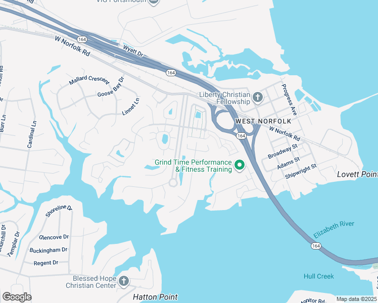 map of restaurants, bars, coffee shops, grocery stores, and more near 1032 Estates Court in Portsmouth
