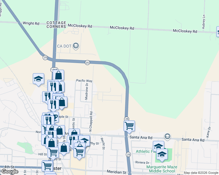 map of restaurants, bars, coffee shops, grocery stores, and more near 325 North Chappell Road in Hollister