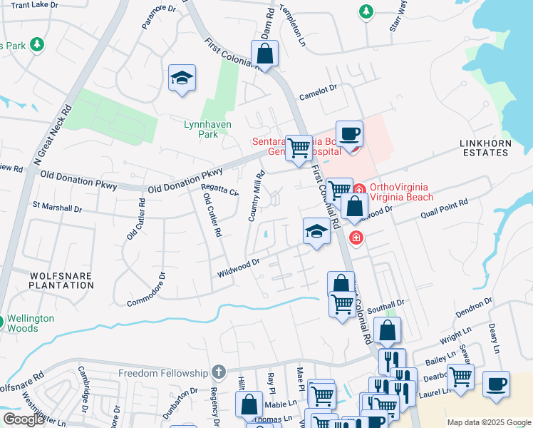 map of restaurants, bars, coffee shops, grocery stores, and more near 1004 Autumn Woods Lane in Virginia Beach