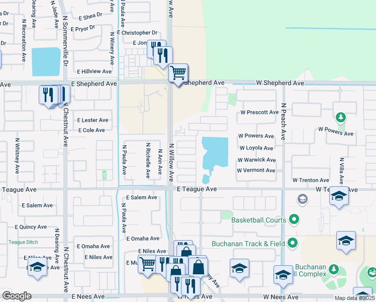 map of restaurants, bars, coffee shops, grocery stores, and more near 744 West Scandia Lane in Clovis