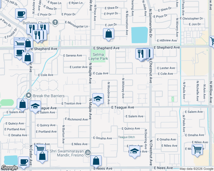 map of restaurants, bars, coffee shops, grocery stores, and more near 2125 East Warwick Avenue in Fresno
