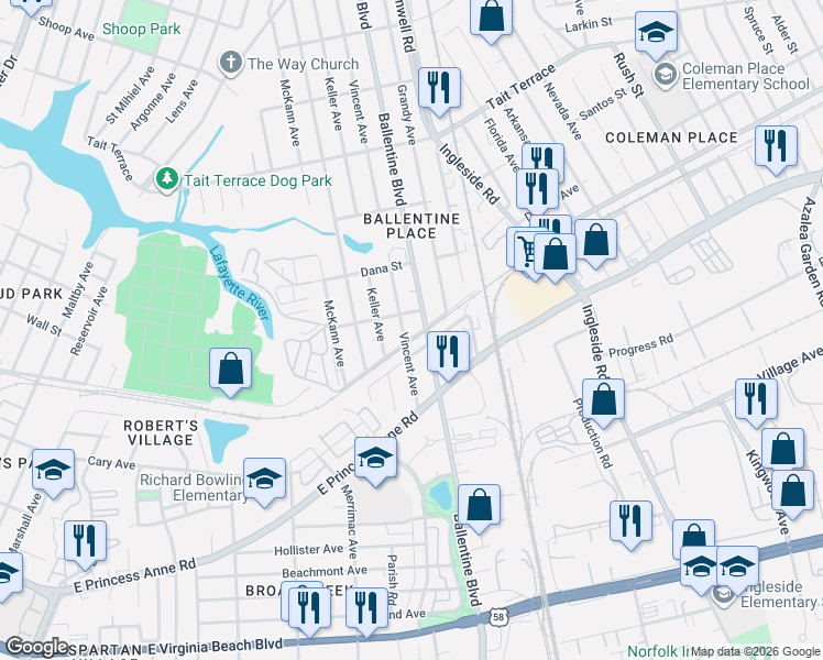 map of restaurants, bars, coffee shops, grocery stores, and more near 2222 Vincent Avenue in Norfolk