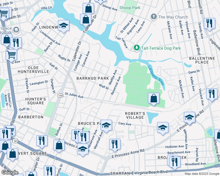 map of restaurants, bars, coffee shops, grocery stores, and more near 2315 Maltby Avenue in Norfolk