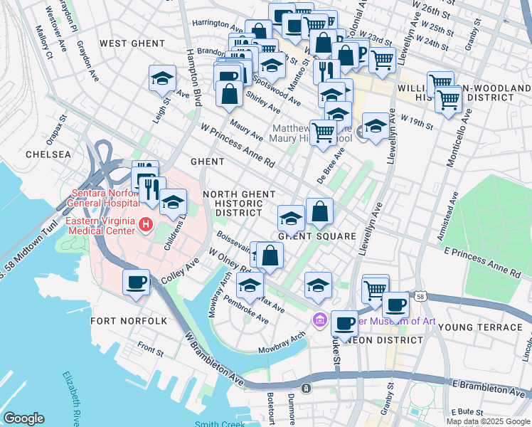 map of restaurants, bars, coffee shops, grocery stores, and more near 523 Westover Avenue in Norfolk