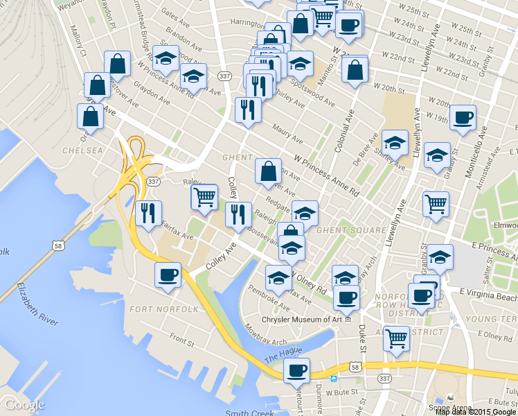 map of restaurants, bars, coffee shops, grocery stores, and more near in Norfolk