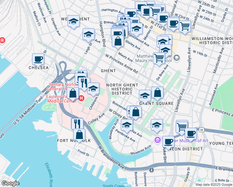 map of restaurants, bars, coffee shops, grocery stores, and more near in Norfolk