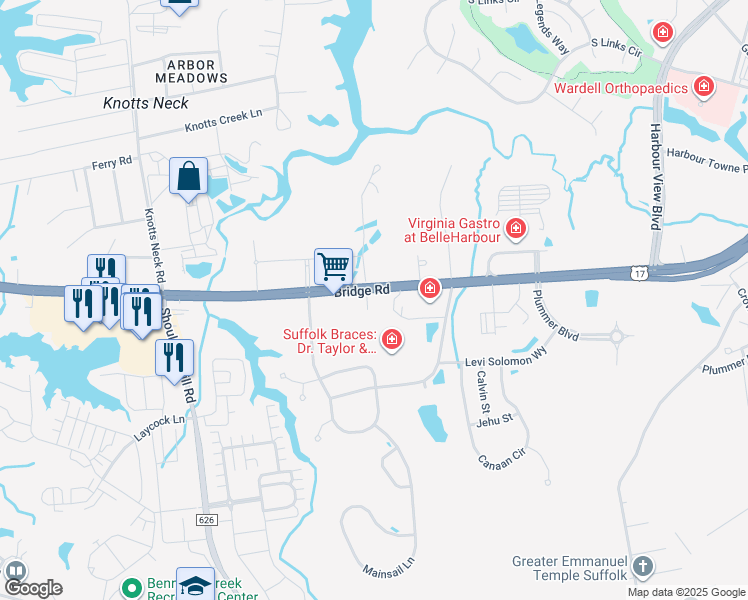 map of restaurants, bars, coffee shops, grocery stores, and more near 3882 Bridge Road in Suffolk