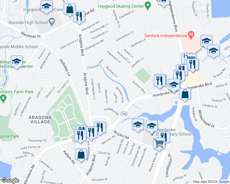 map of restaurants, bars, coffee shops, grocery stores, and more near 740 Teets Lane in Virginia Beach