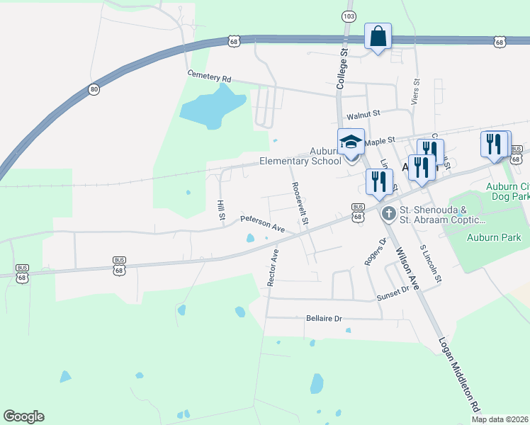 map of restaurants, bars, coffee shops, grocery stores, and more near 156 Peterson Avenue in Auburn