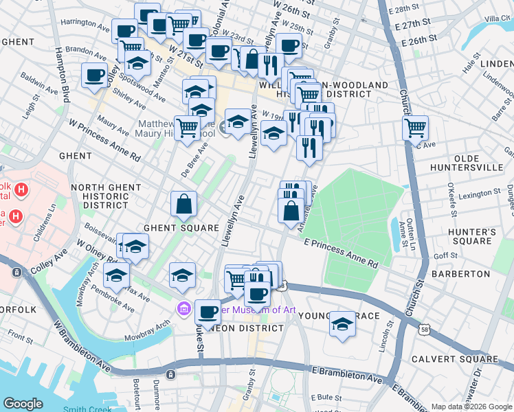 map of restaurants, bars, coffee shops, grocery stores, and more near 1334 Ghent Commons Drive in Norfolk