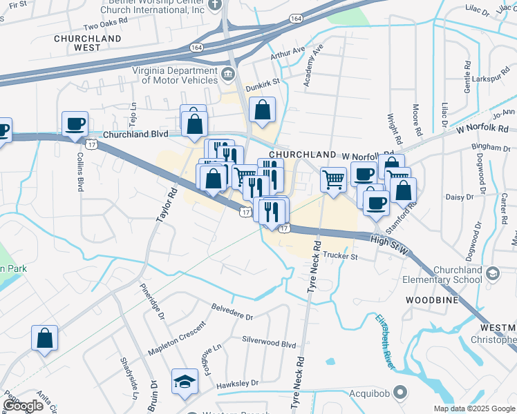 map of restaurants, bars, coffee shops, grocery stores, and more near 3100 Western Branch Blvd in Chesapeake