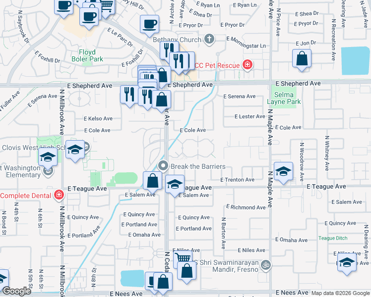map of restaurants, bars, coffee shops, grocery stores, and more near 8680 North Cedar Avenue in Fresno