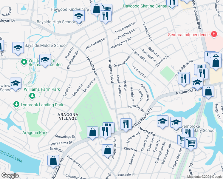 map of restaurants, bars, coffee shops, grocery stores, and more near 785 Aragona Boulevard in Virginia Beach