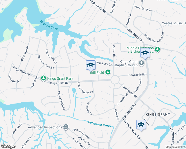 map of restaurants, bars, coffee shops, grocery stores, and more near 3532 Kings Grant Road in Virginia Beach