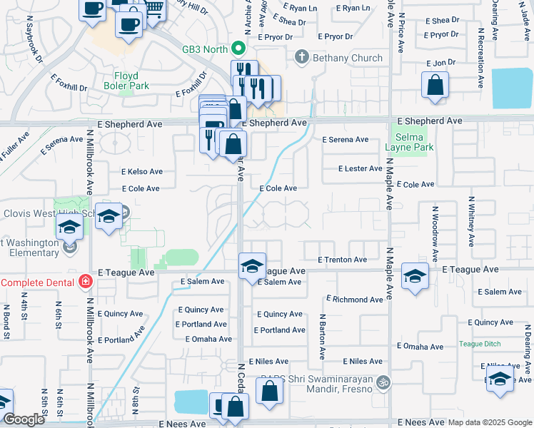 map of restaurants, bars, coffee shops, grocery stores, and more near 8680 North Cedar Avenue in Fresno