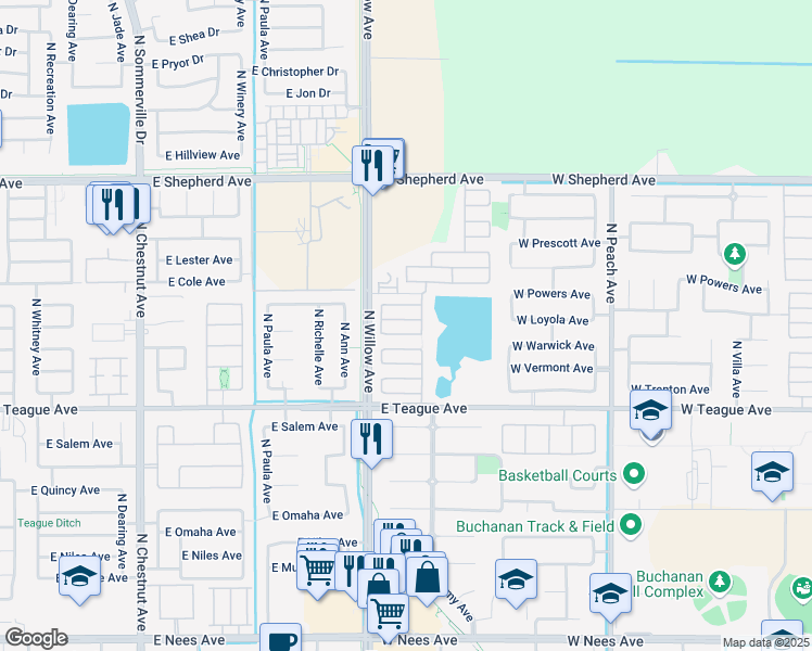 map of restaurants, bars, coffee shops, grocery stores, and more near 744 West Scandia Lane in Clovis