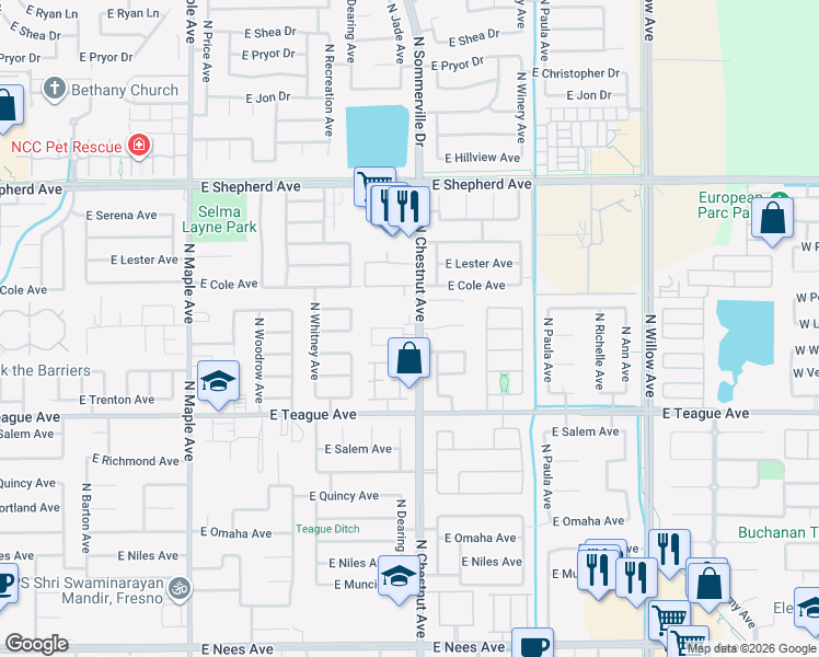 map of restaurants, bars, coffee shops, grocery stores, and more near 8681 North Chestnut Avenue in Clovis